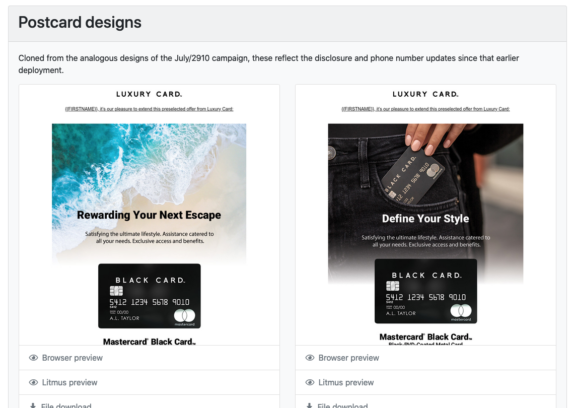 Side-by-side email previews, with links