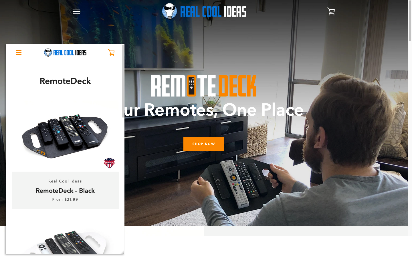 Home page (desktop, full) and product collection page (mobile, vertical) views of shop for Real Cool Ideas in Gurnee, IL