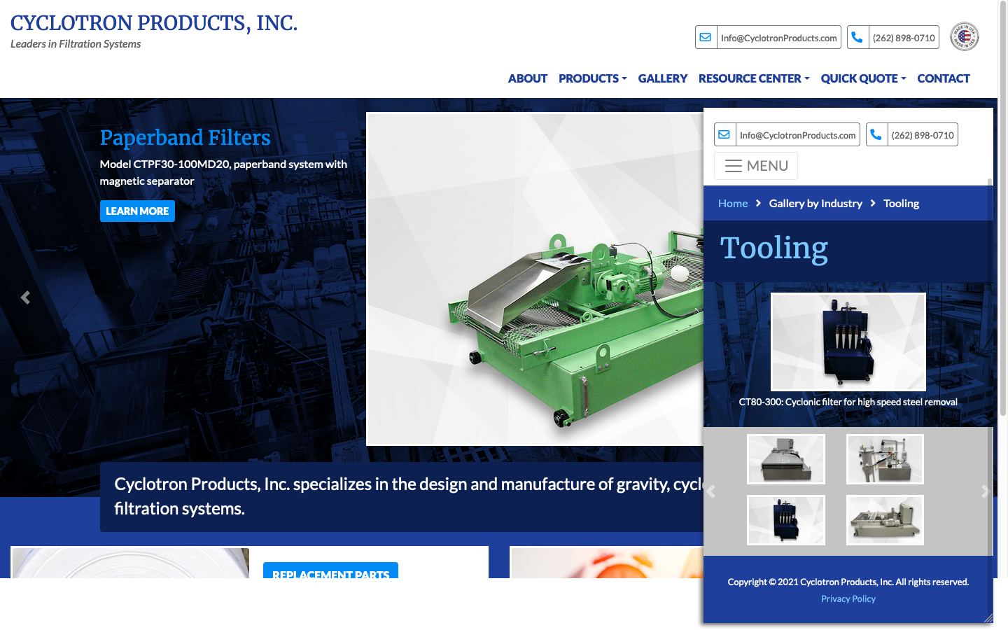 Home page & product page views of website for Cyclotron Products in Racine, WI
