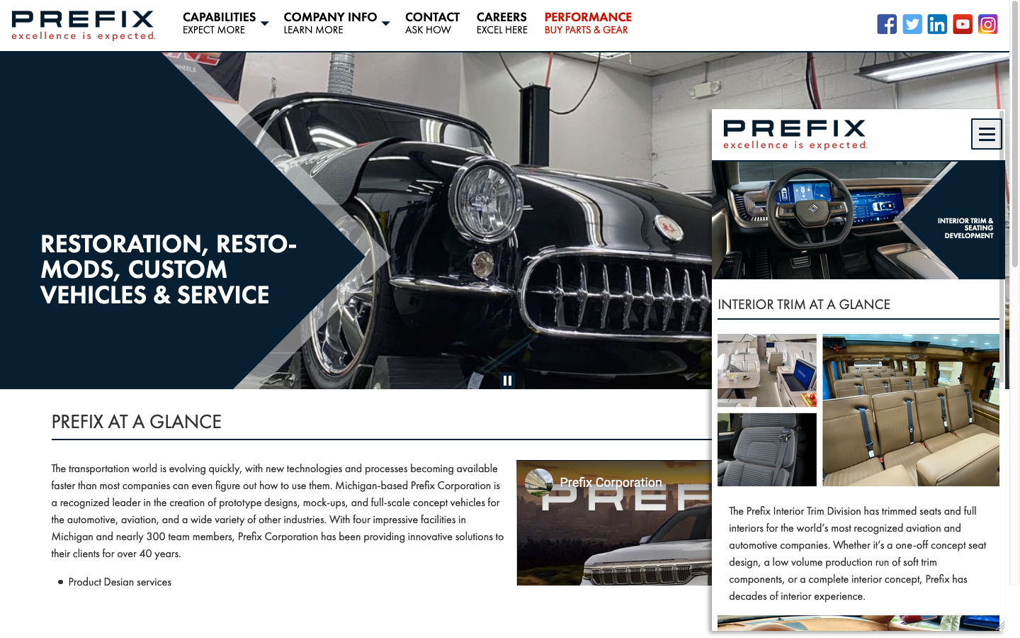 Home page (desktop, full) and capabilities page (mobile, vertical) views of website for Prefix Corporation in Rochester Hills, MI